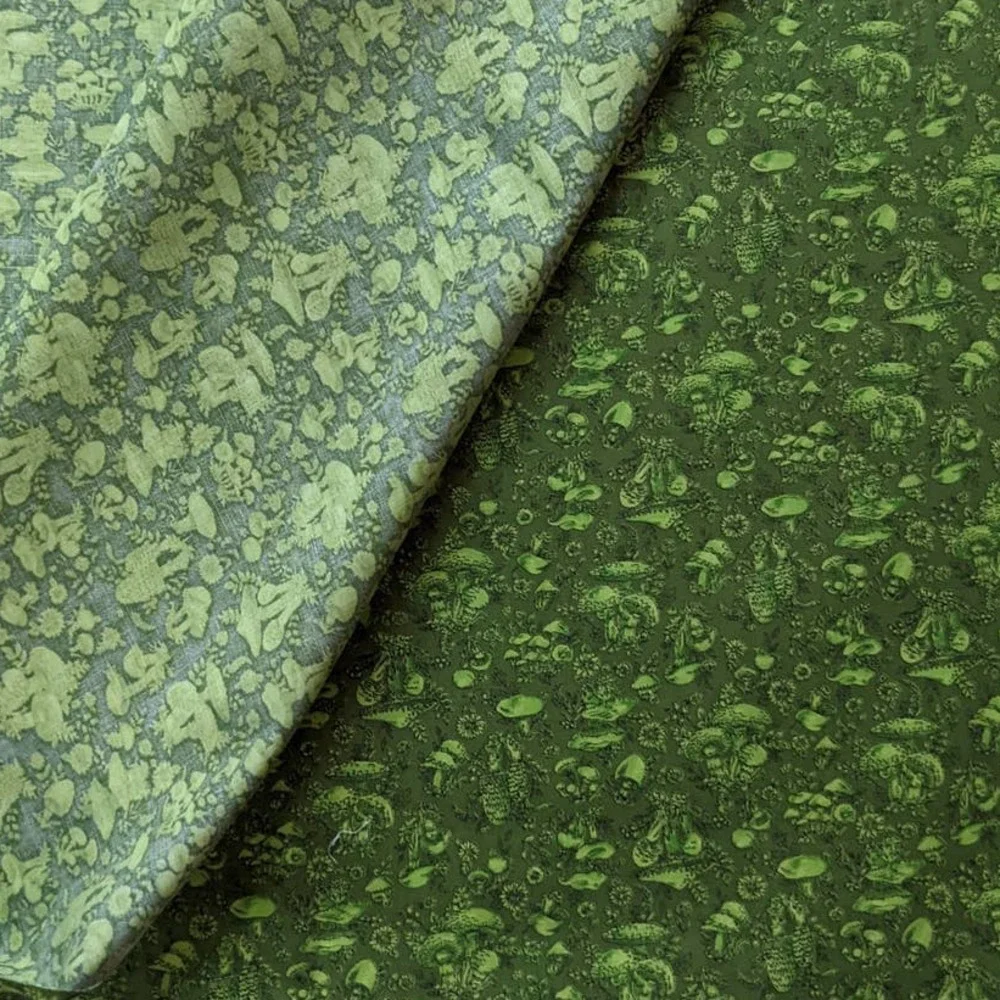 Vintage 1970's Mushroom Fabric Avocado Green Cottagecore Funky Calico Print‎ 3yd